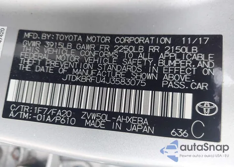 2018 Toyota Prius Two from USA, damaged, VIN JTDKBRFU4J3583075